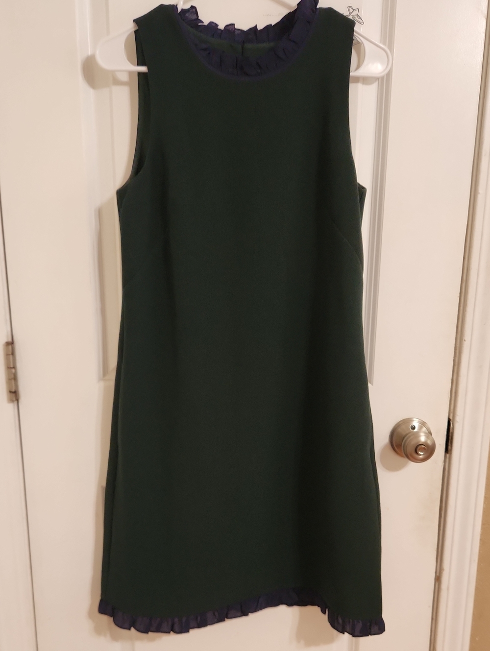 Sleeveless Dark Green Shift Dress with Navy Ruffle Trim